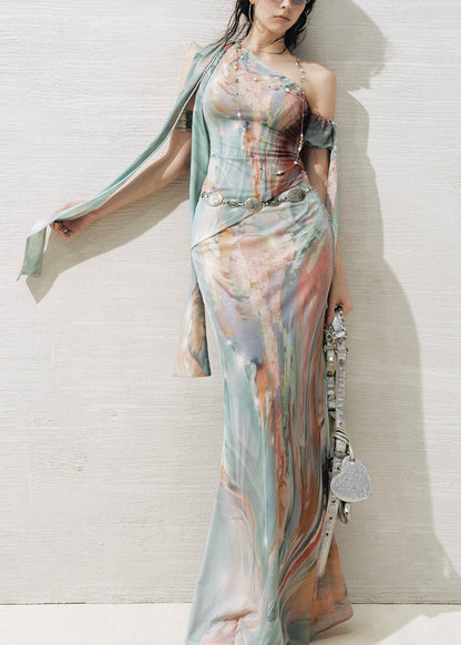 Italian Green Asymmetrical Print Tulle Two-piece Set Sleeveless