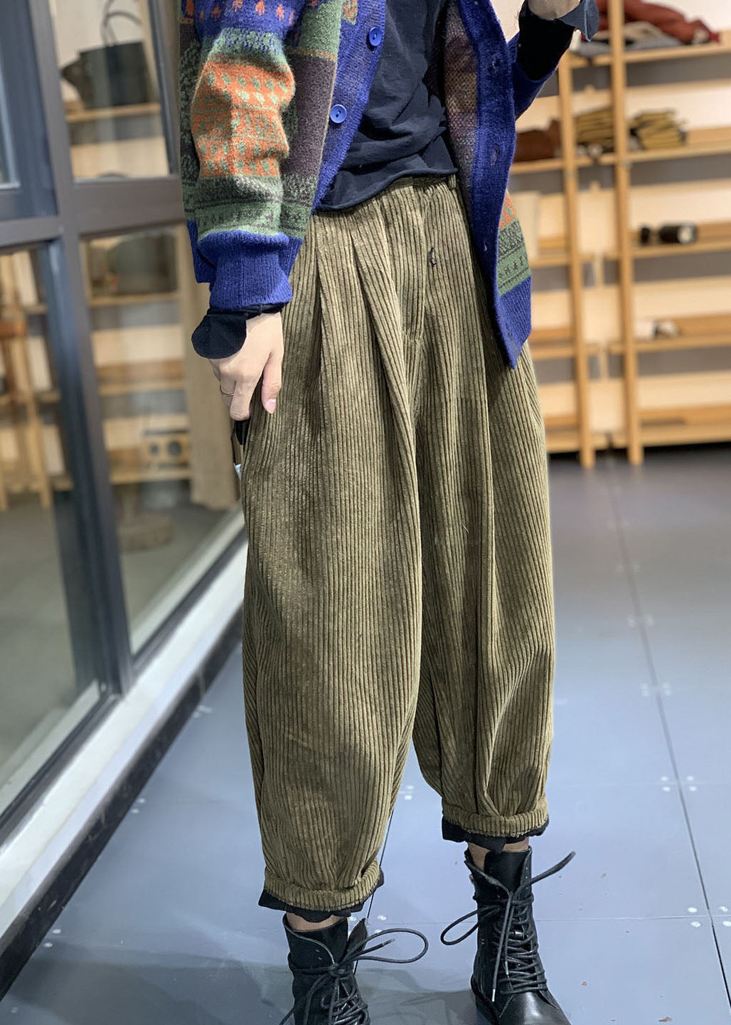 Italian Green Elastic Waist Corduroy Fleece Pants Trousers Winter