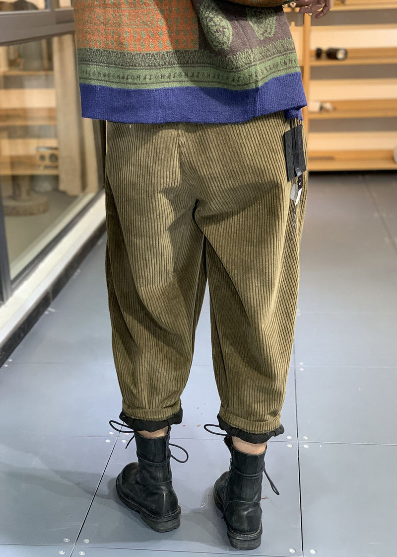 Italian Green Elastic Waist Corduroy Fleece Pants Trousers Winter