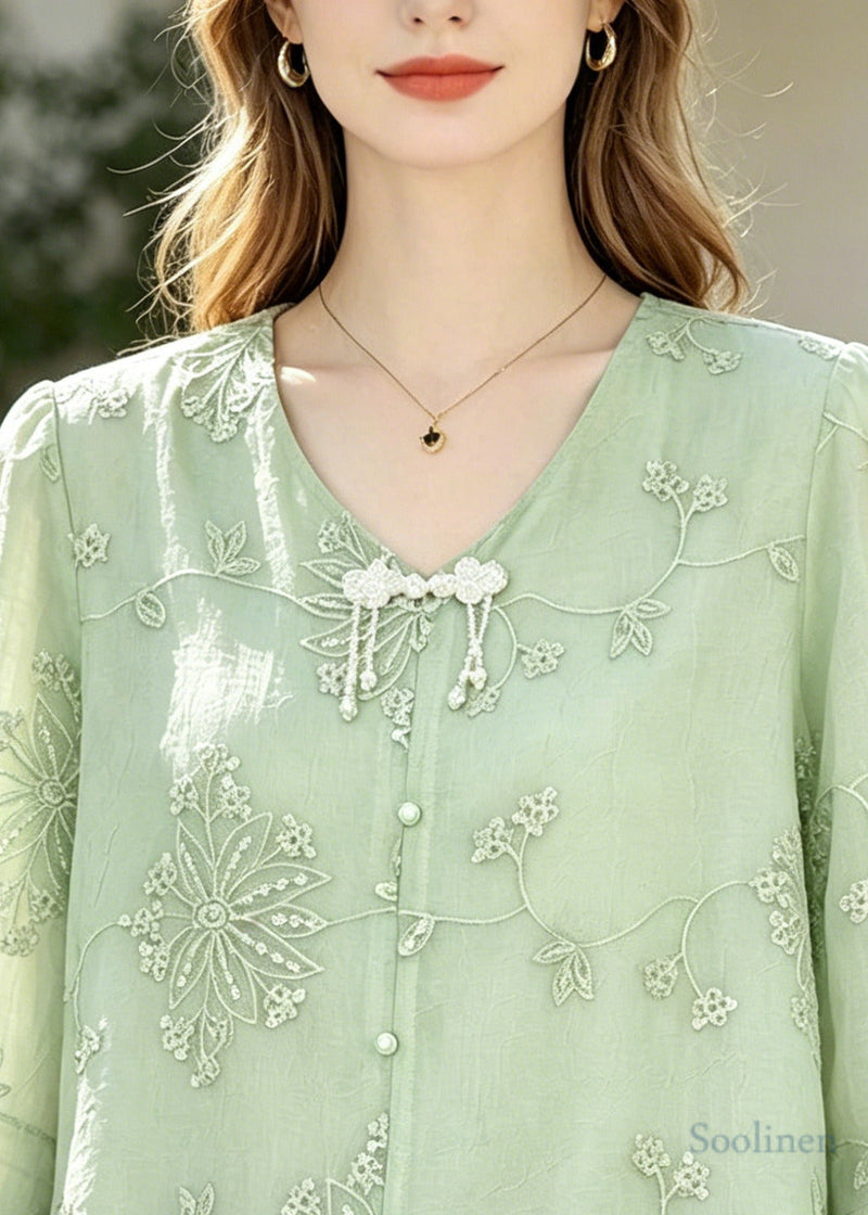 Italian Green Embroidered Tasseled Chiffon Blouses Half Sleeve