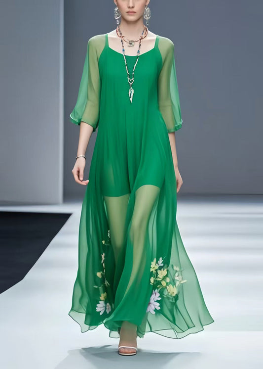 Italian Green Chiffon Vacation Dresses Bracelet Sleeve