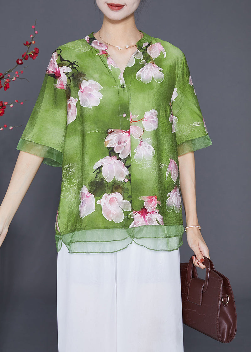 Italian Green Patchwork Organza Linen Silk Shirt Top Half Sleeve