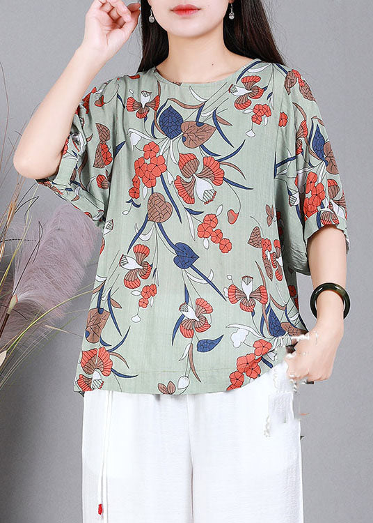 Italian Green O-neck Print Cotton Shirt Top Half Sleeve