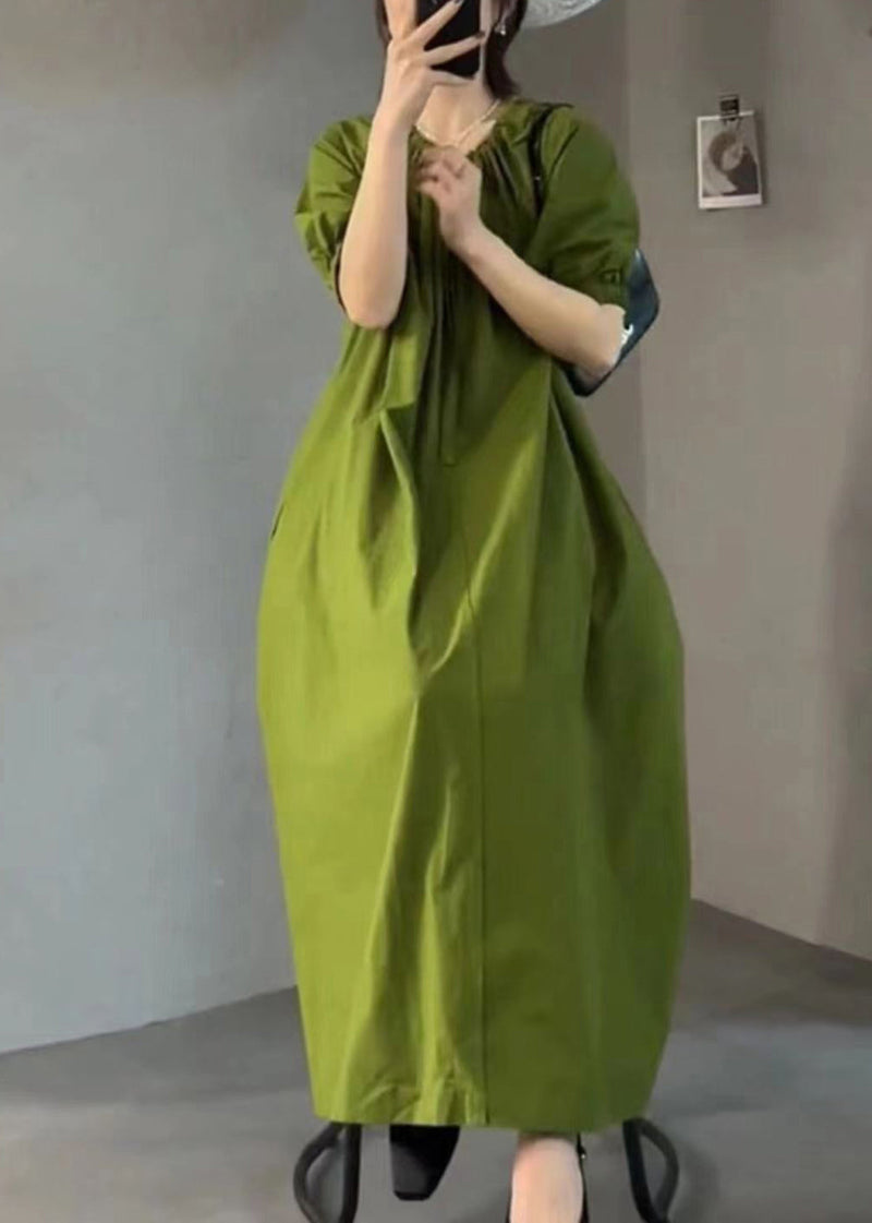 Italian Green O Neck Wrinkled Cotton Long Dress Summer