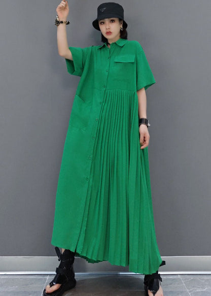 Italian Green Peter Pan Collar Patchwork Wrinkled Color Cotton Shirt Dress Short Sleeve