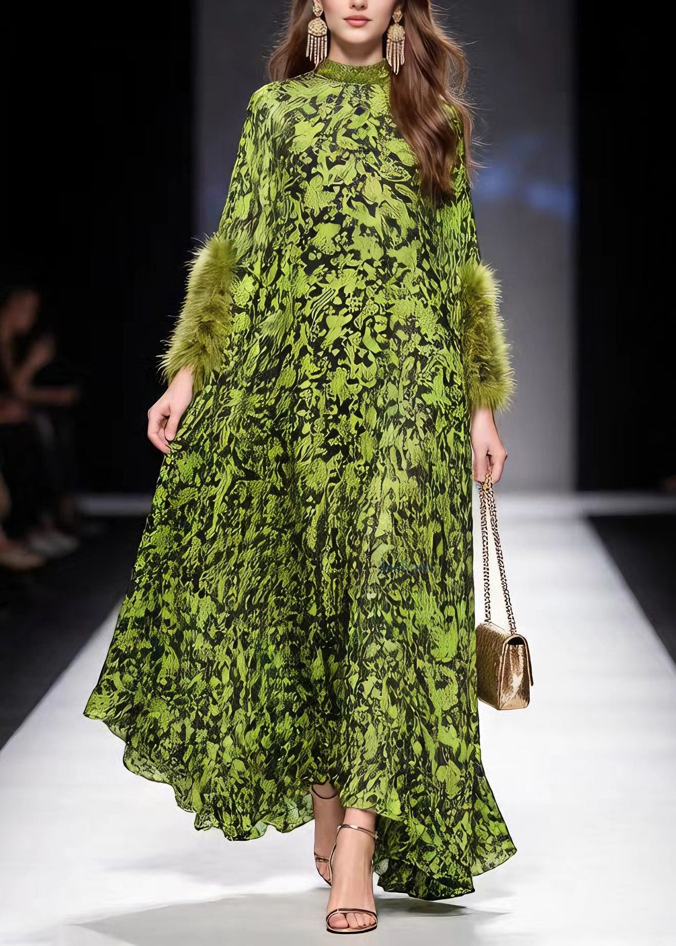 Italian Green Print Fur Patchwork Chiffon Maxi Dresses Spring