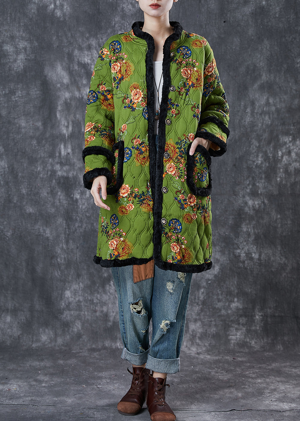Italian Green Print Patchwork Warm Fleece Trench Winter