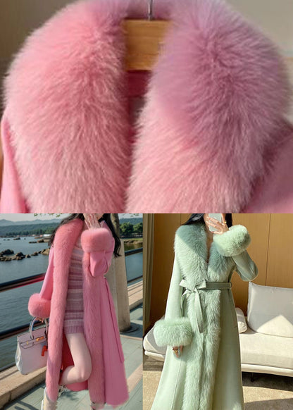 Italian Green Tie Waist Woolen Long Coats Spring