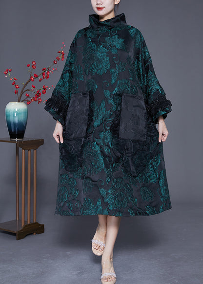 Italian Green Turtle Neck Patchwork Jacquard Silk Maxi Dresses Spring