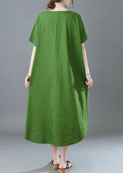 Italian Green V Neck Embroideried Patchwork Linen Long Dresses Summer