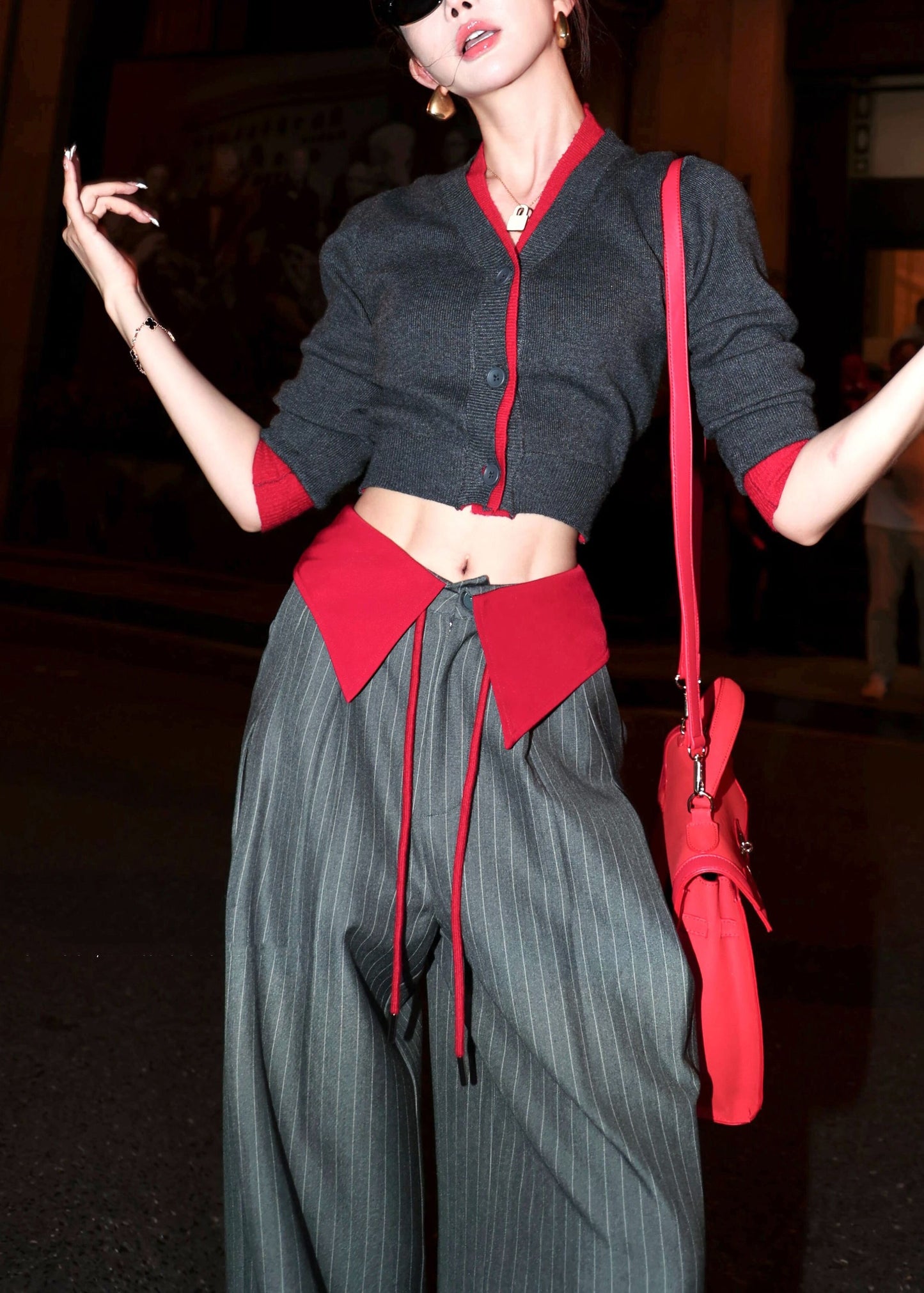 Italian Grey Knit Top and Striped Wide Leg Pants Two Pieces Set Spring
