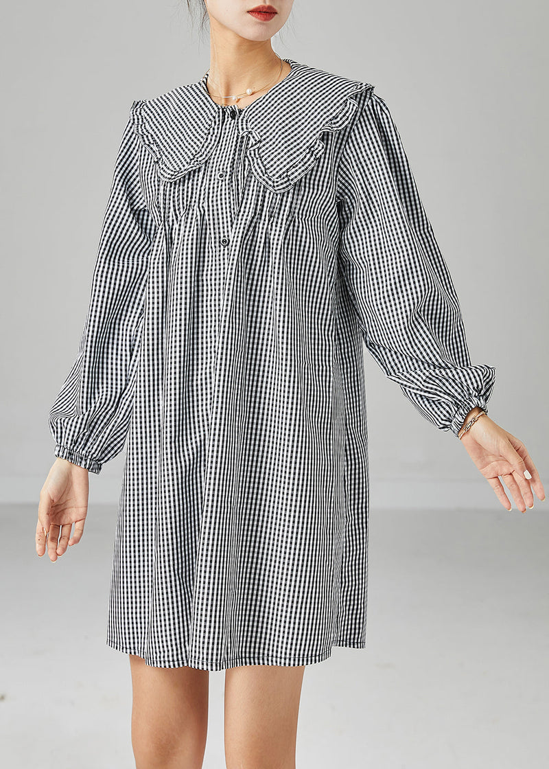 Italian Grey Peter Pan Collar Plaid Cotton Shirt Dress Fall