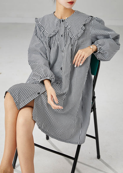 Italian Grey Peter Pan Collar Plaid Cotton Shirt Dress Fall