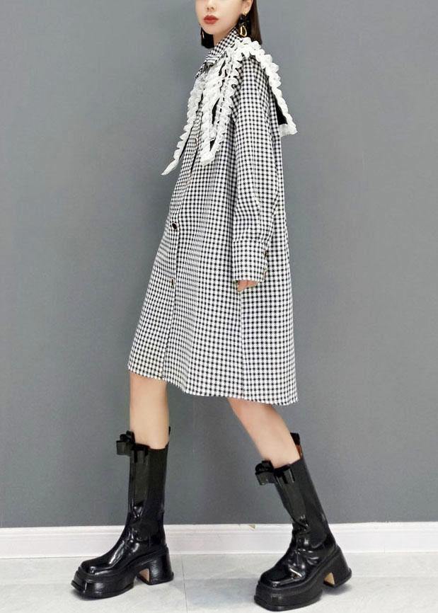 Italian Grey Plaid Peterpan Collar Button Dresses Fall Long Sleeve