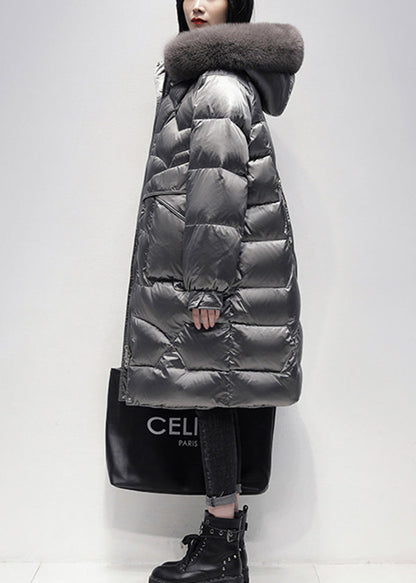 Italian Grey Zip Up Fur Collar Cotton Blend Hooded Coat Winter