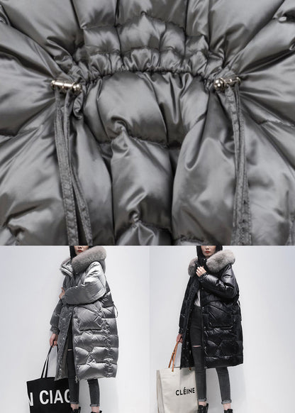 Italian Grey Zip Up Fur Collar Cotton Blend Hooded Coat Winter