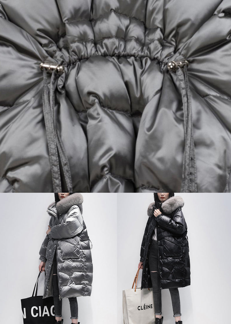 Italian Grey Zip Up Fur Collar Cotton Blend Hooded Coat Winter
