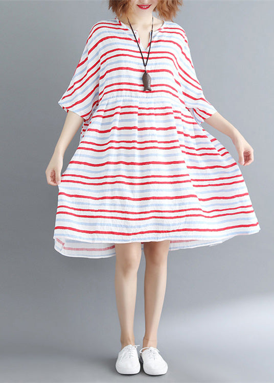 Italian Half Sleeve Cotton Quilting Dresses Outfits Red Striped Dresses Summer