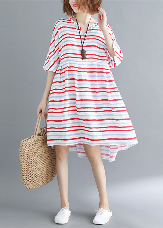 Italian Half Sleeve Cotton Quilting Dresses Outfits Red Striped Dresses Summer