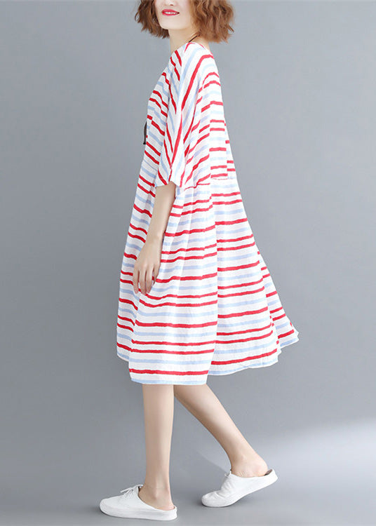 Italian Half Sleeve Cotton Quilting Dresses Outfits Red Striped Dresses Summer