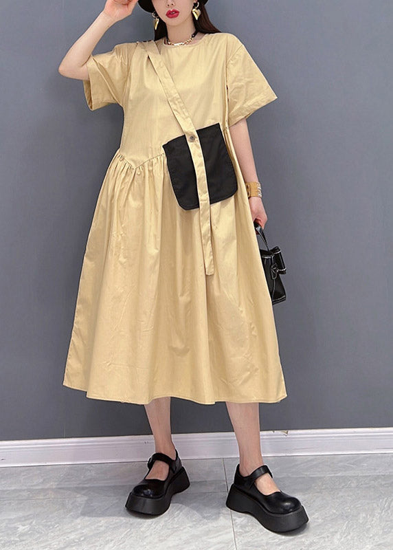 Italian Khaki O-neck Button Pockets Patchwork Wrinkled Dress Short Sleeve