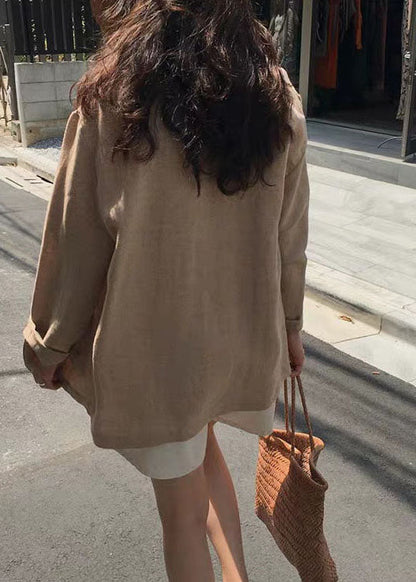Italian Khaki Peter Pan Collar Pockets Linen Coats Spring