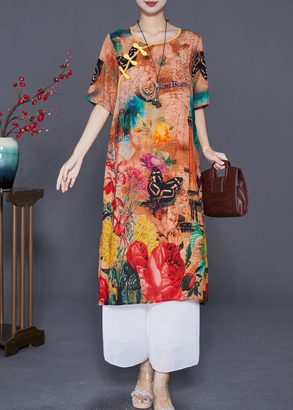 Italian Khaki Print Chinese Button Silk a Line Dress Summer