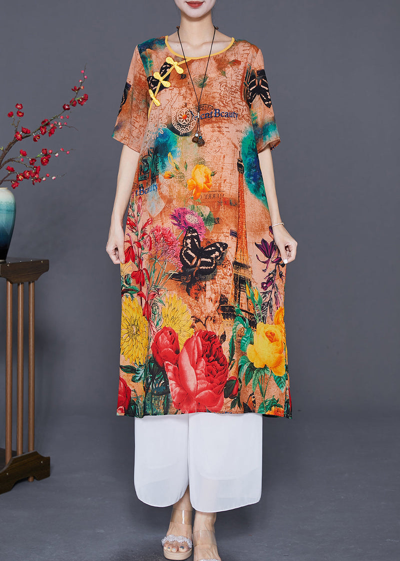 Italian Khaki Print Chinese Button Silk a Line Dress Summer