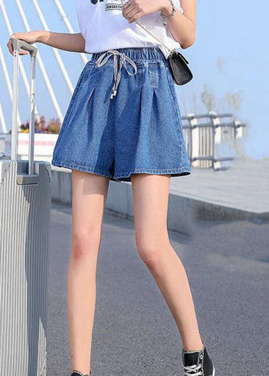 Italian Light Blue Elastic Waist Drawstring Pockets Cotton Pleated Short Pants Summer