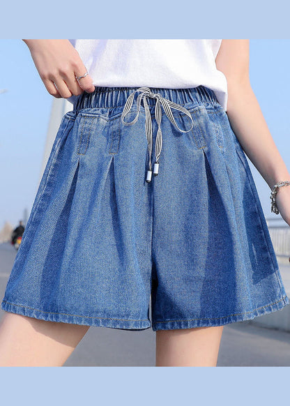 Italian Light Blue Elastic Waist Drawstring Pockets Cotton Pleated Short Pants Summer