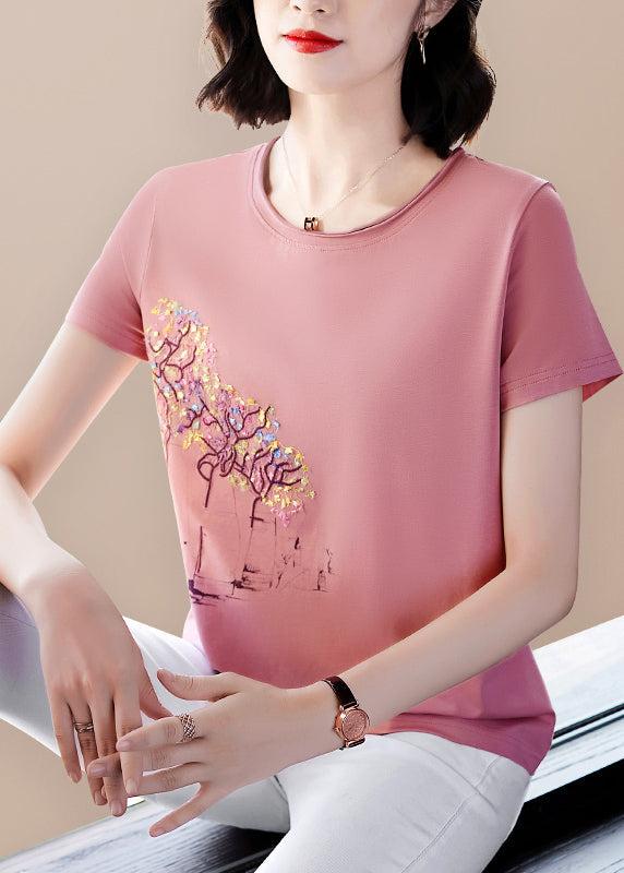 Italian Light Blue O-neck Embroideried Modal Cotton Tank Tops Short Sleeve
