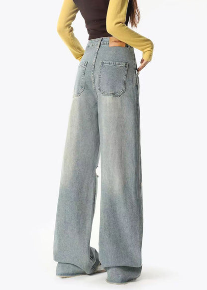 Italian Light Blue Pockets Butterfly Print Denim Pants Spring