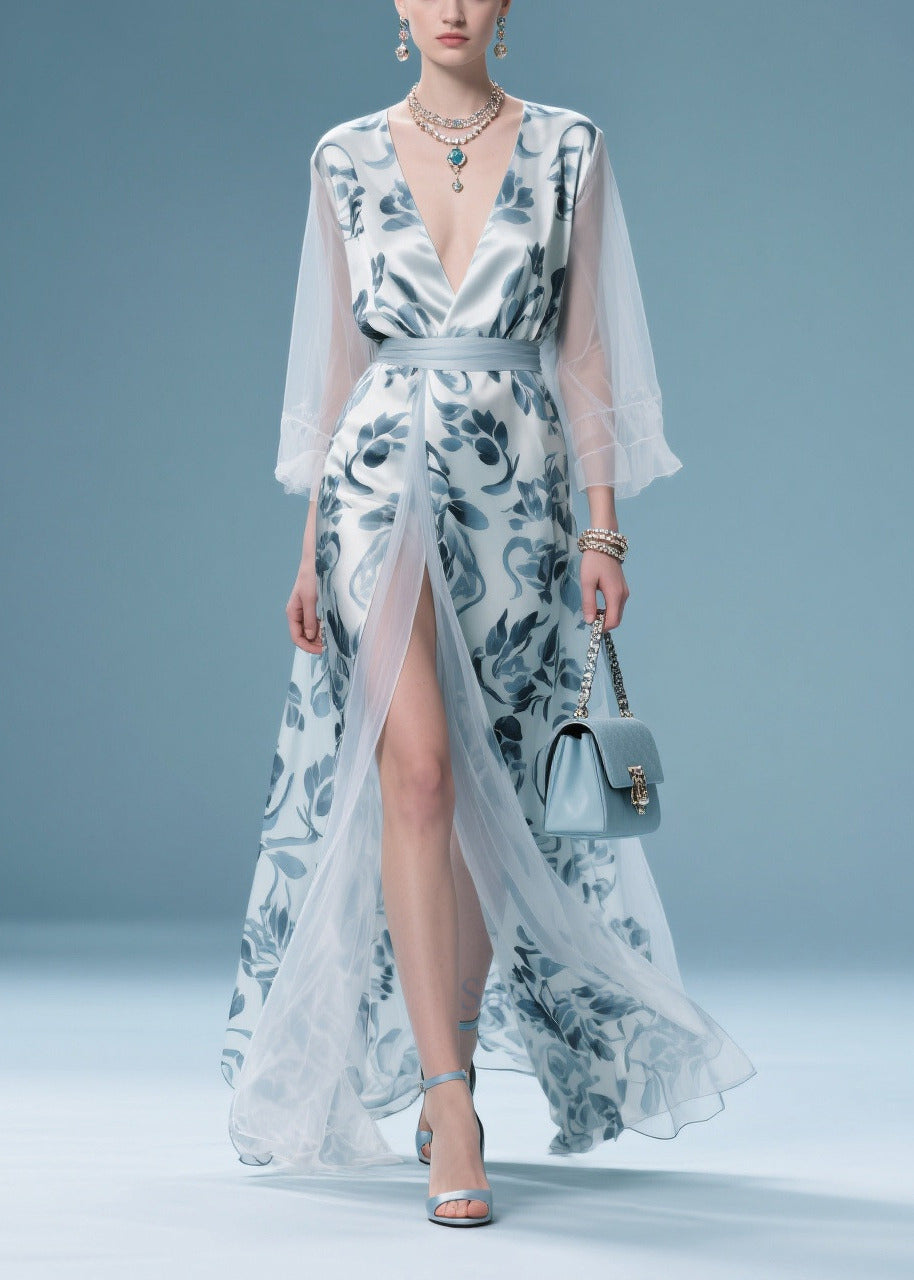 Italian Light Blue Print Patchwork Tulle Maxi Dress Summer