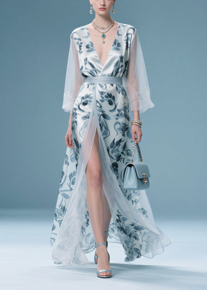 Italian Light Blue Print Patchwork Tulle Maxi Dress Summer
