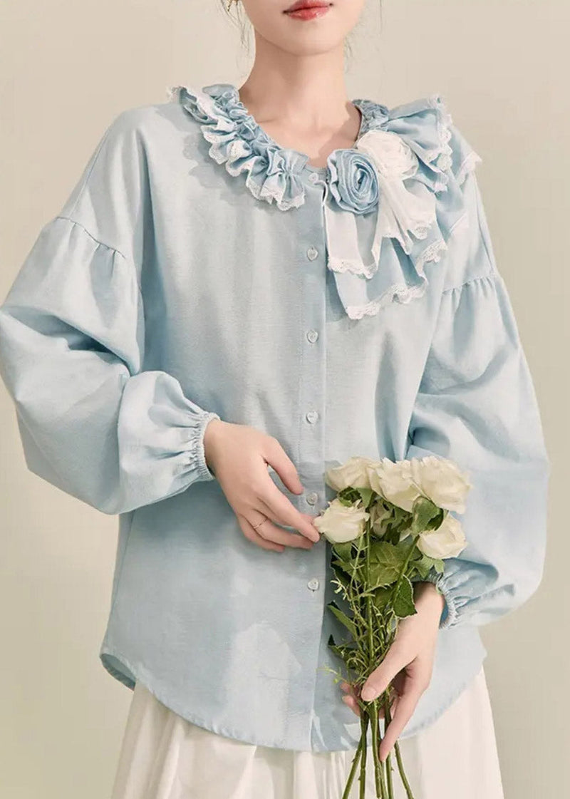 Italian Light Blue Ruffled Patchwork Button Top Spring