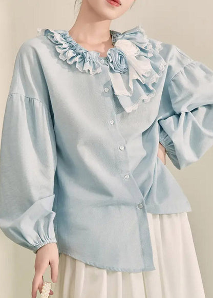 Italian Light Blue Ruffled Patchwork Button Top Spring