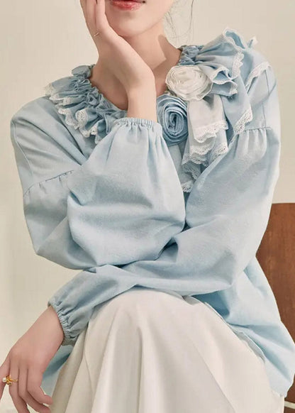Italian Light Blue Ruffled Patchwork Button Top Spring