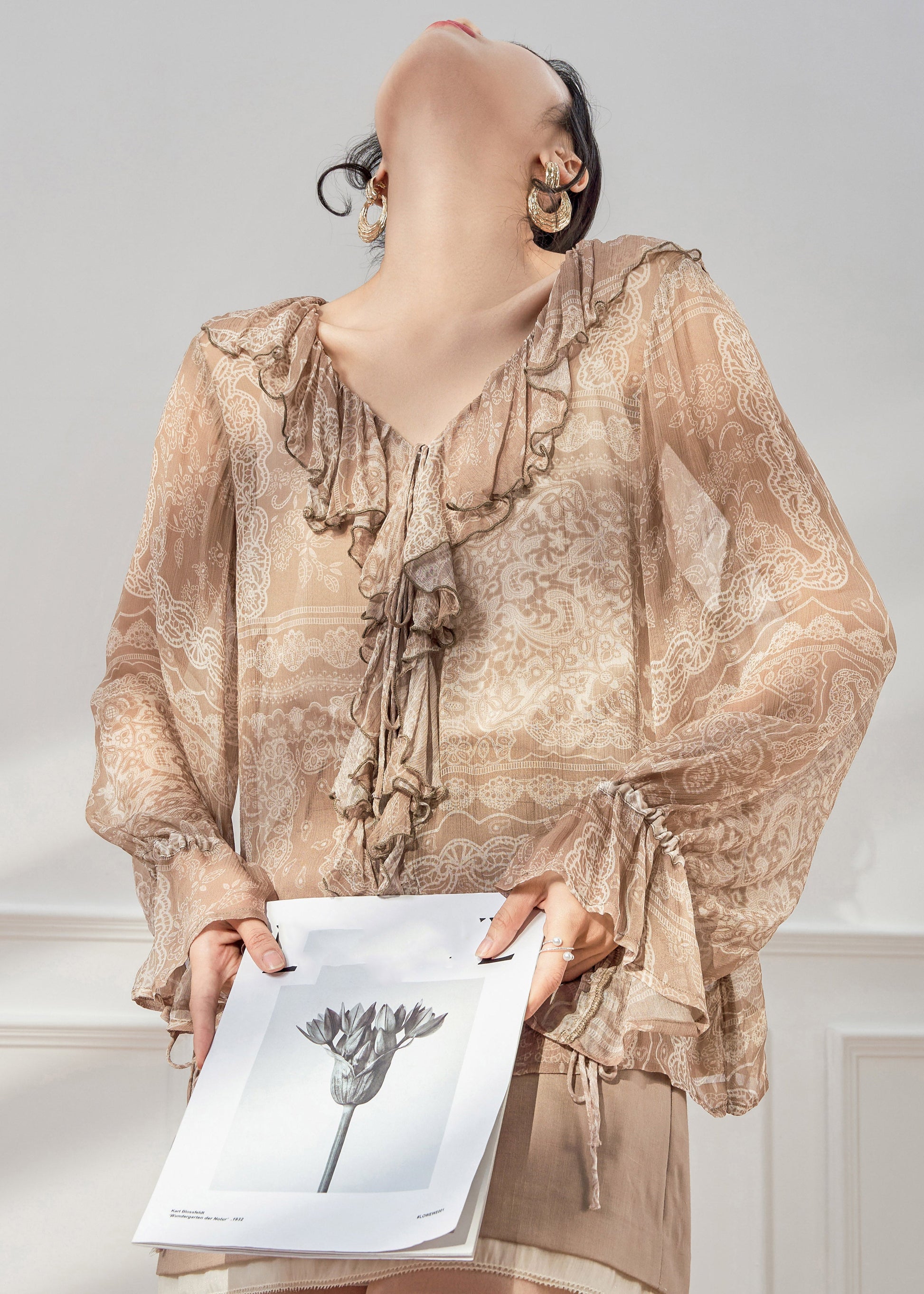 Italian Light Brown V Neck Print Silk Shirts Flare Sleeve