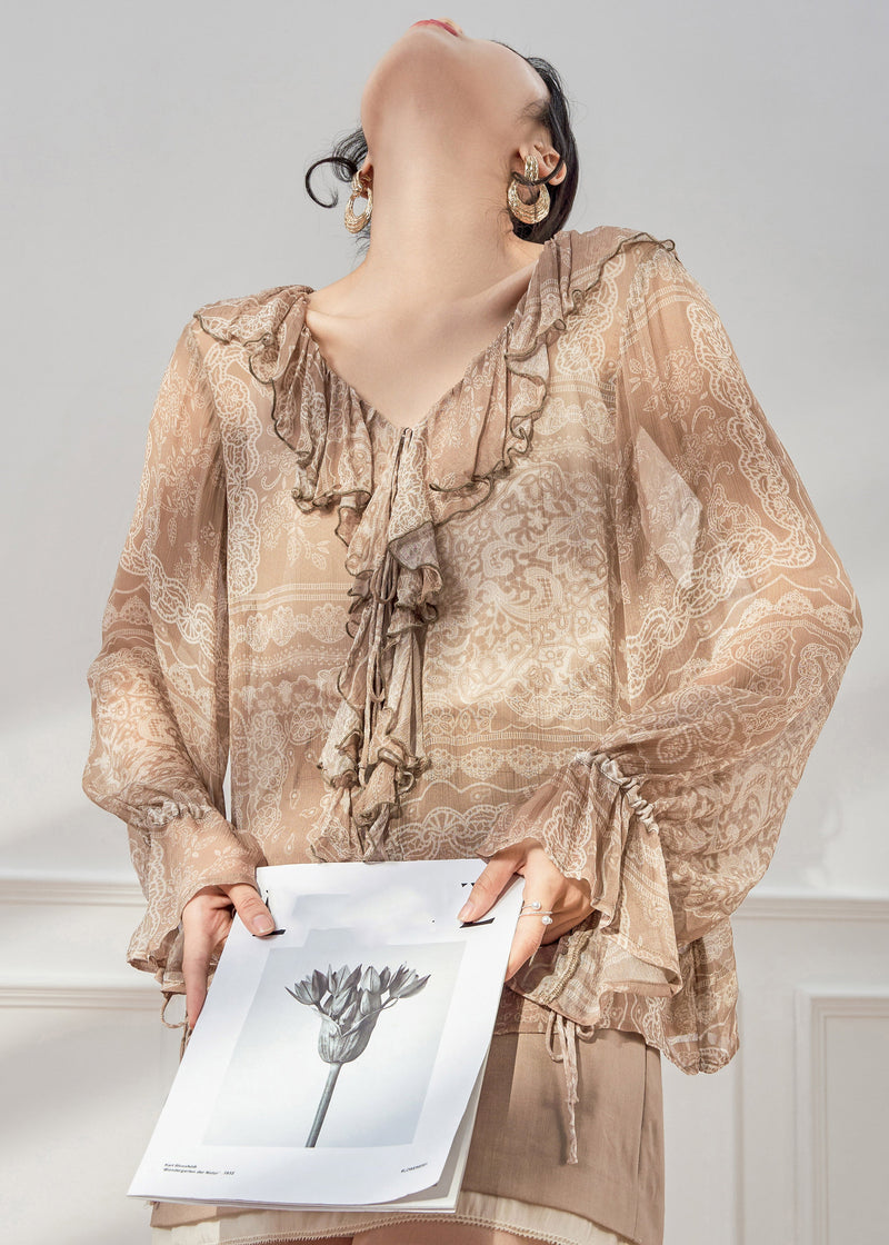 Italian Light Brown V Neck Print Silk Shirts Flare Sleeve
