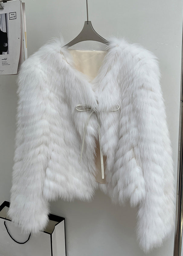 Italian Milk Tea Color V Neck Lace Up Leather and Fur Coats Winte