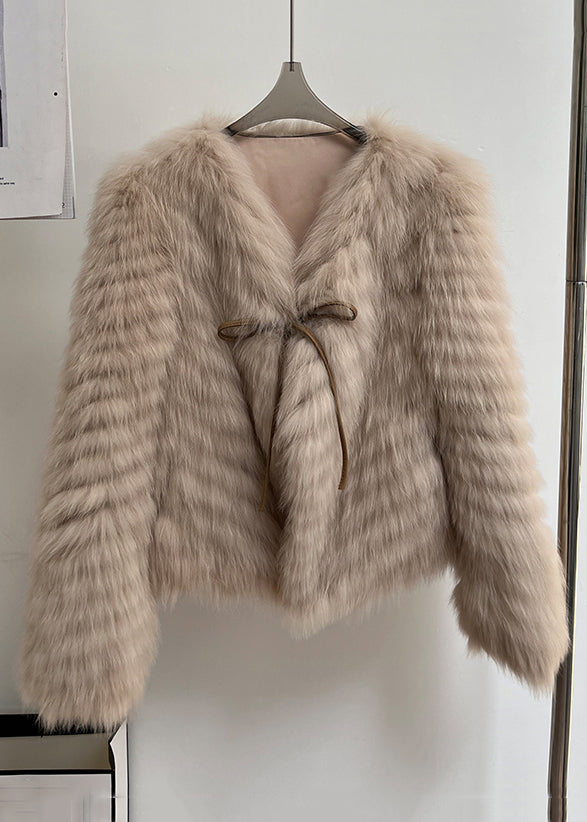 Italian Milk Tea Color V Neck Lace Up Leather and Fur Coats Winte