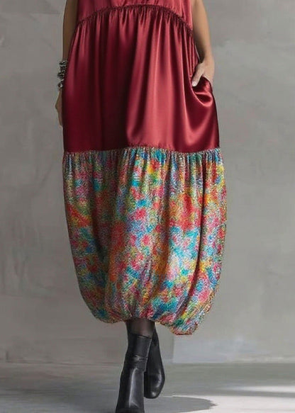Italian Mulberry Oversized Patchwork Print Silk Long Dresses Sleeveless