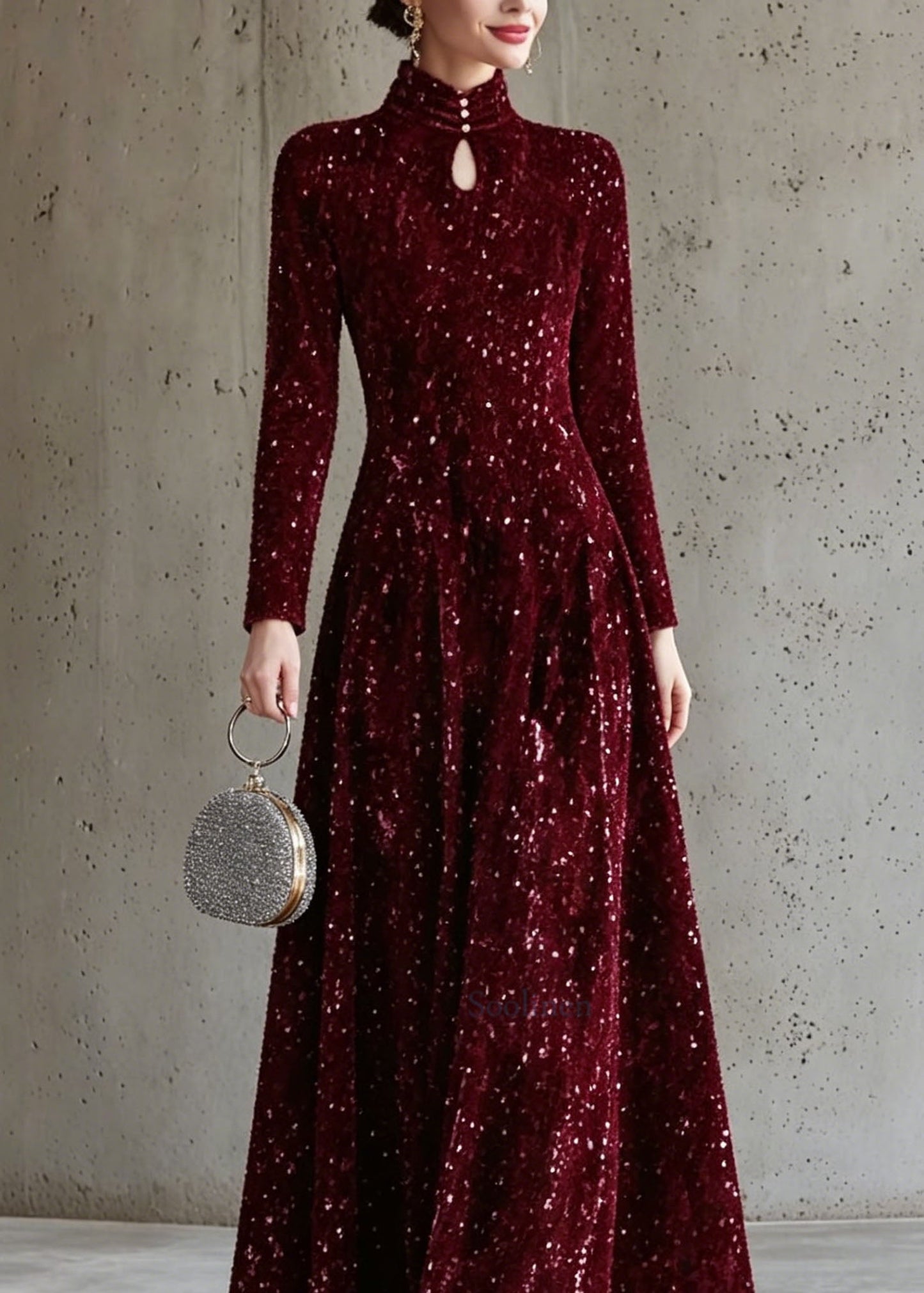 Italian Mulberry Stand Collar Sequins Maxi Dress Long Sleeve