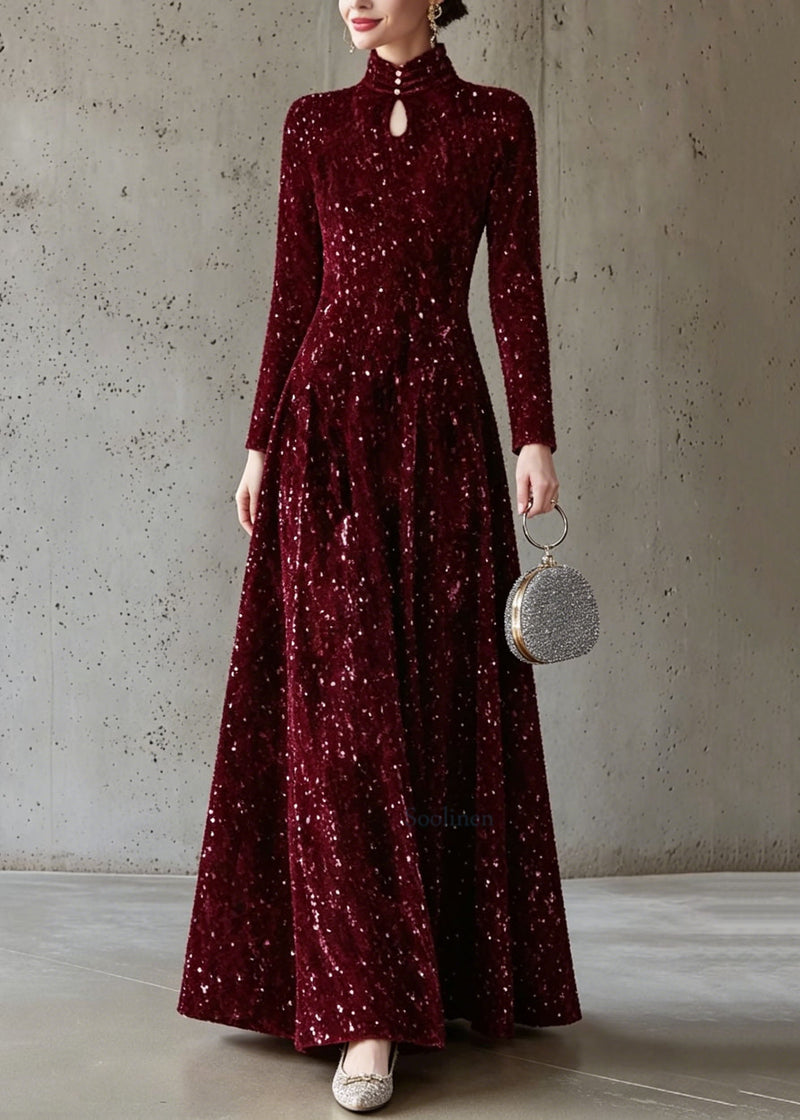 Italian Mulberry Stand Collar Sequins Maxi Dress Long Sleeve