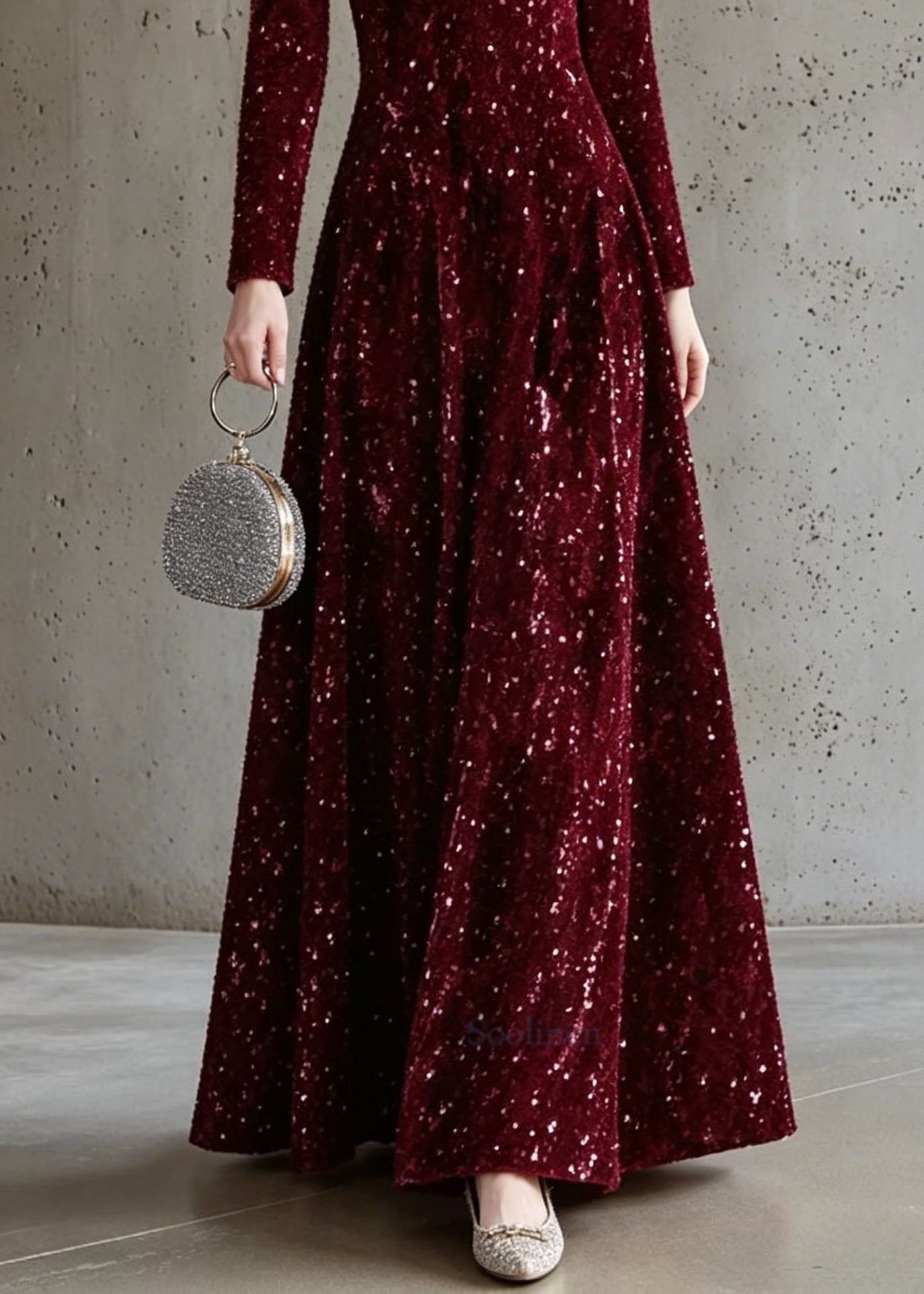 Italian Mulberry Stand Collar Sequins Maxi Dress Long Sleeve