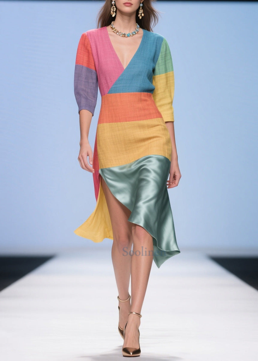 Italian Multicolored Asymmetrical Patchwork Linen Silk Dress Summer