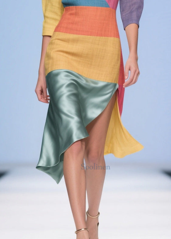 Italian Multicolored Asymmetrical Patchwork Linen Silk Dress Summer