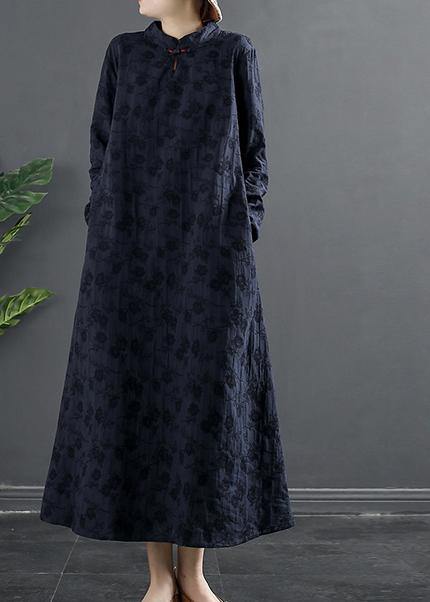 Italian Navy Embroidery Long Stand Collar Vestidos De Lino Dresses