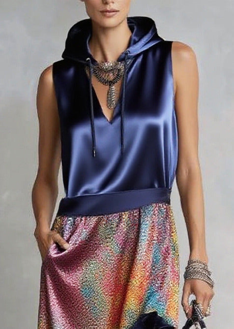 Italian Navy Ruffled Patchwork Print Silk Robe Dresses Sleeveless