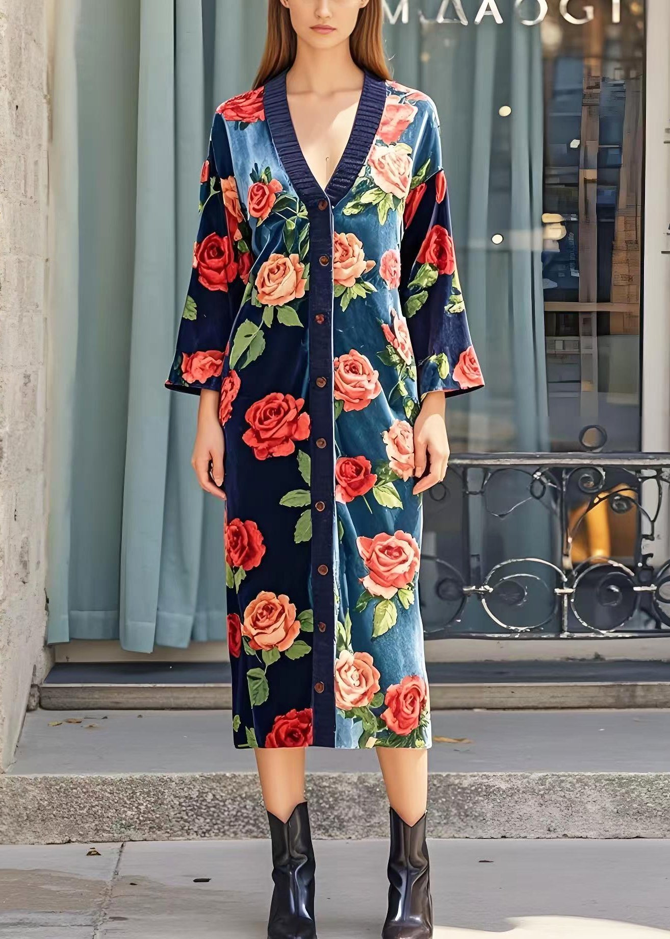 Italian Navy V Neck Silk Velvet Long Dress Spring